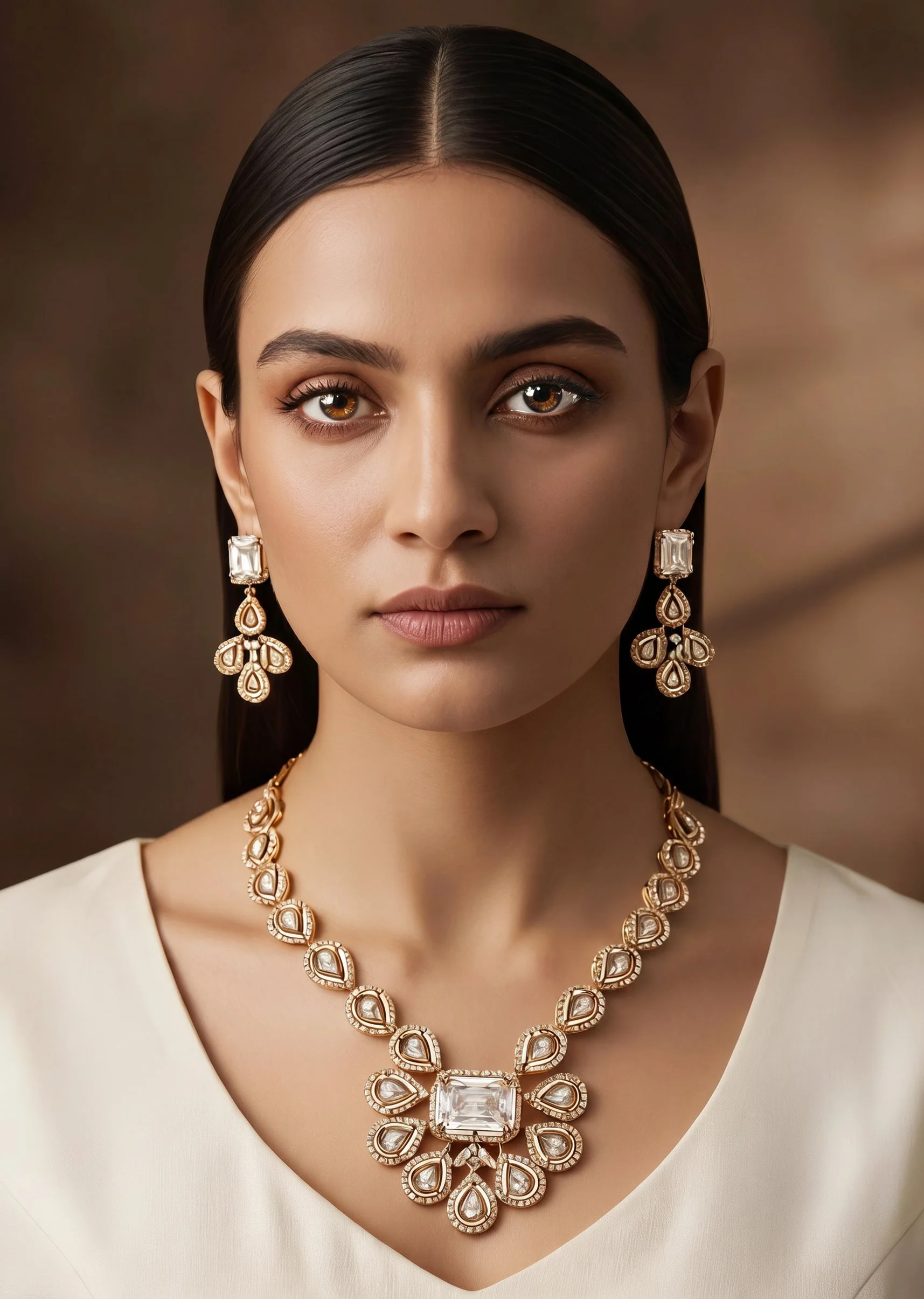 Gold-Toned CZ Necklace Set With Crystal Detailing