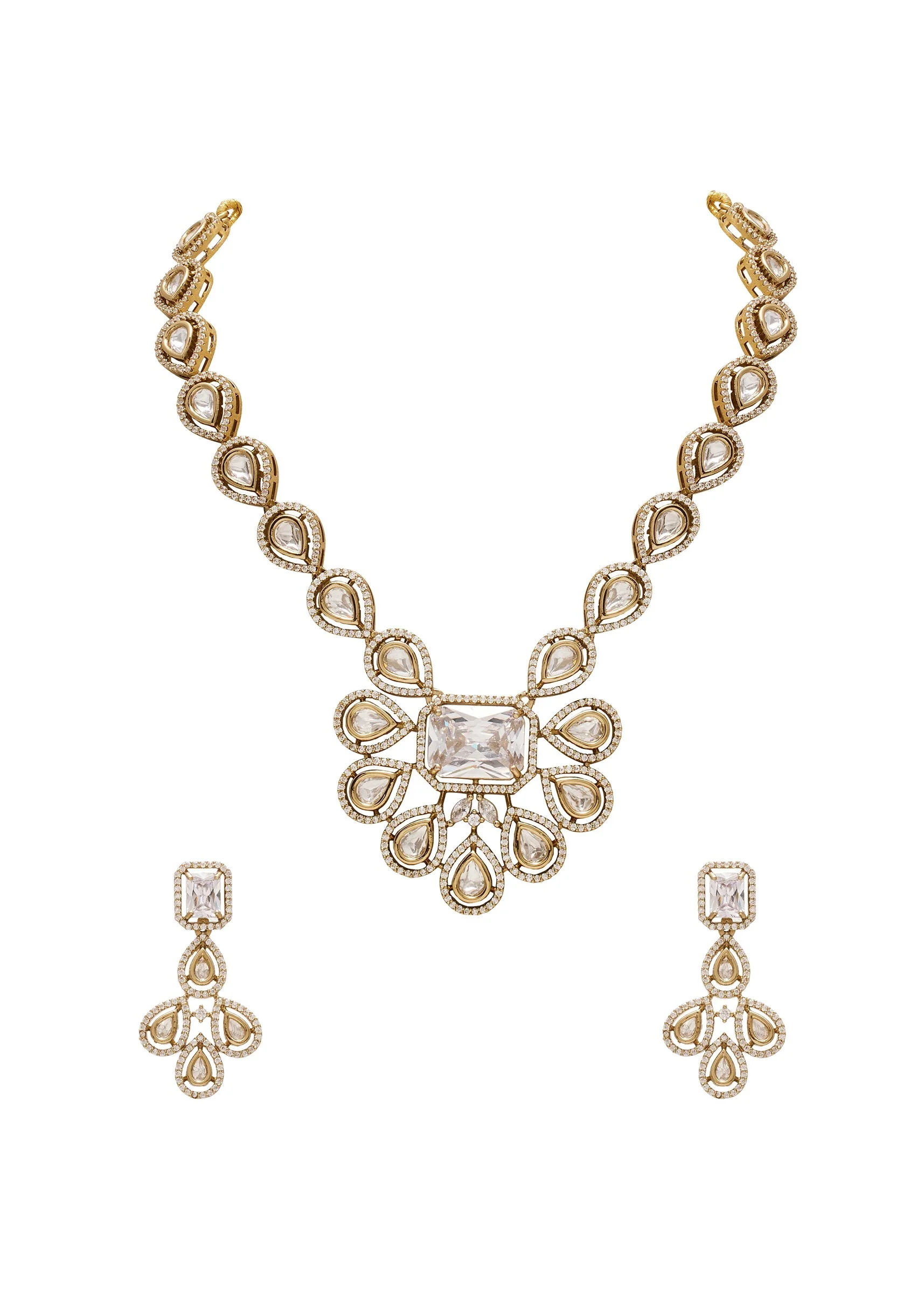 Gold-Toned CZ Necklace Set With Crystal Detailing