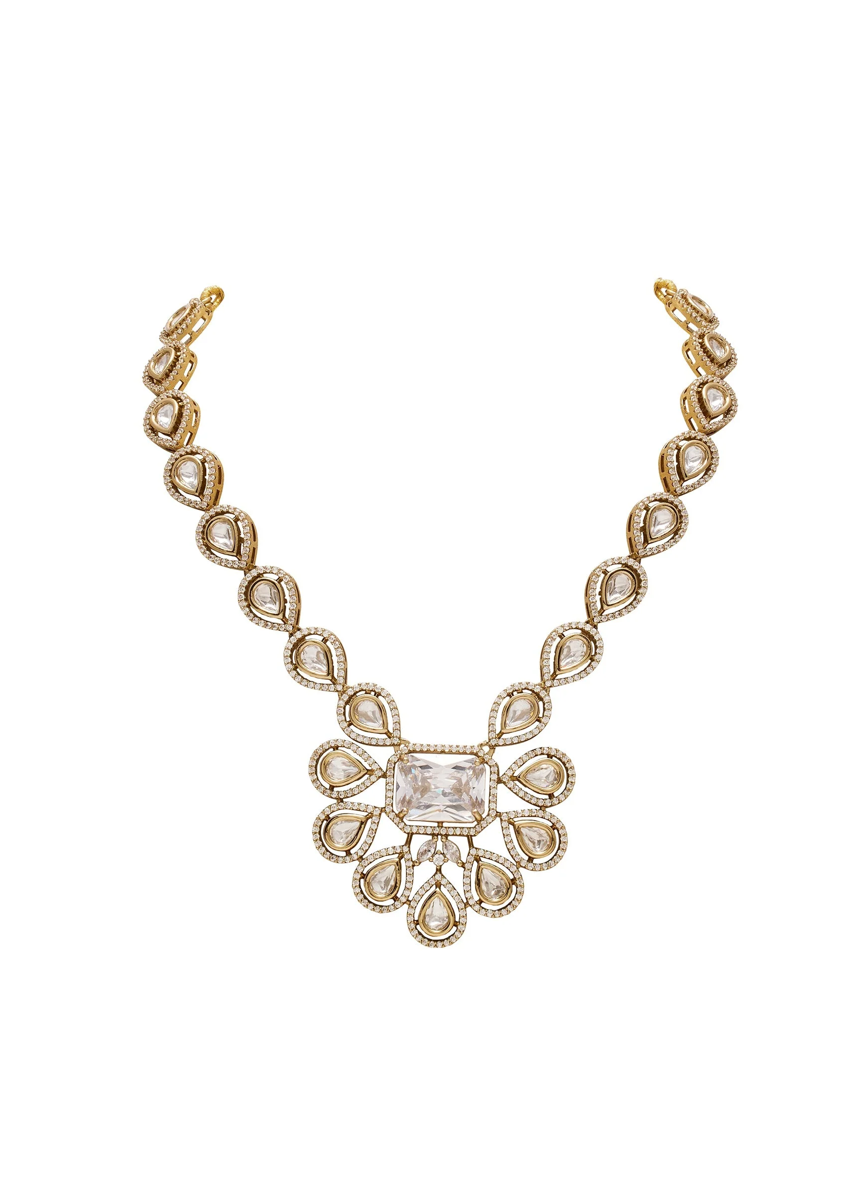 Gold-Toned CZ Necklace Set With Crystal Detailing