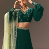 Bottle Green Embellished Ruched Lehenga Set