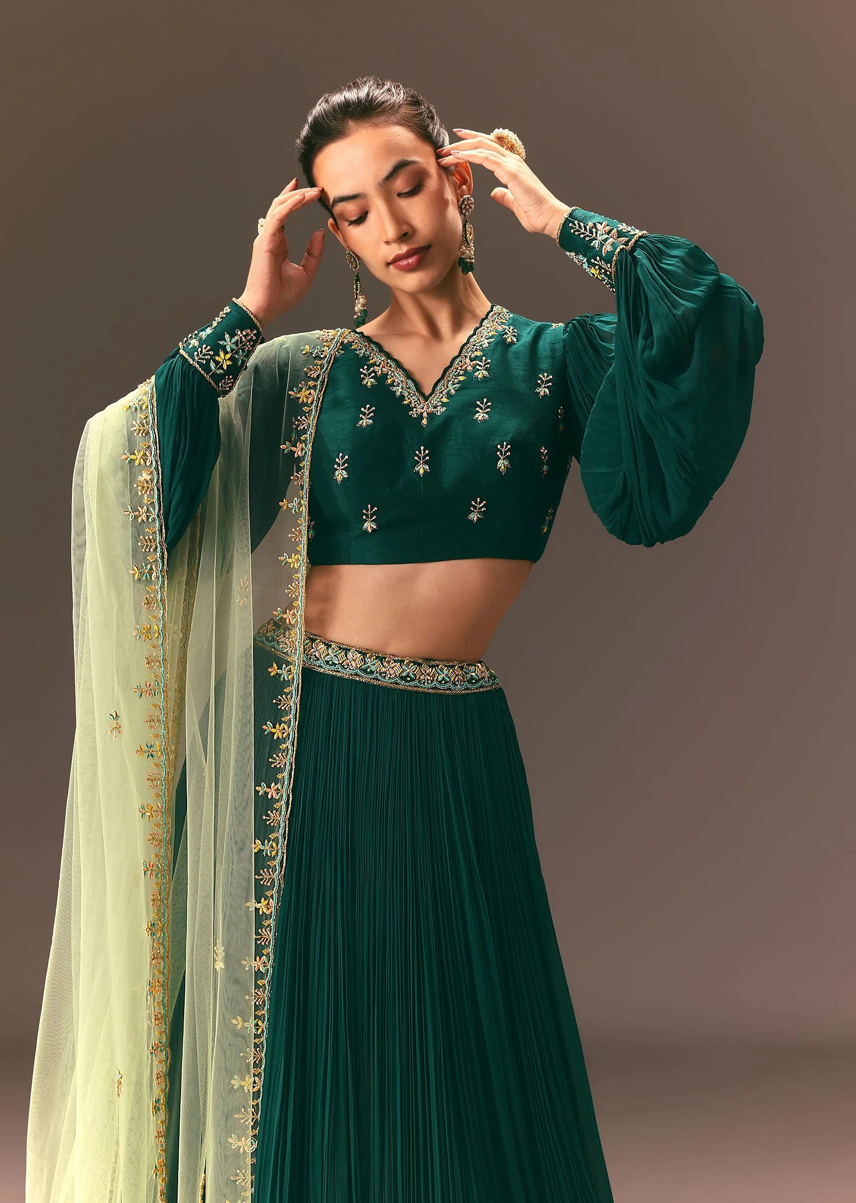 10763-bottle-green-embellished-ruched-lehenga-set-1.webp Bottle Green Embellished Ruched Lehenga Set