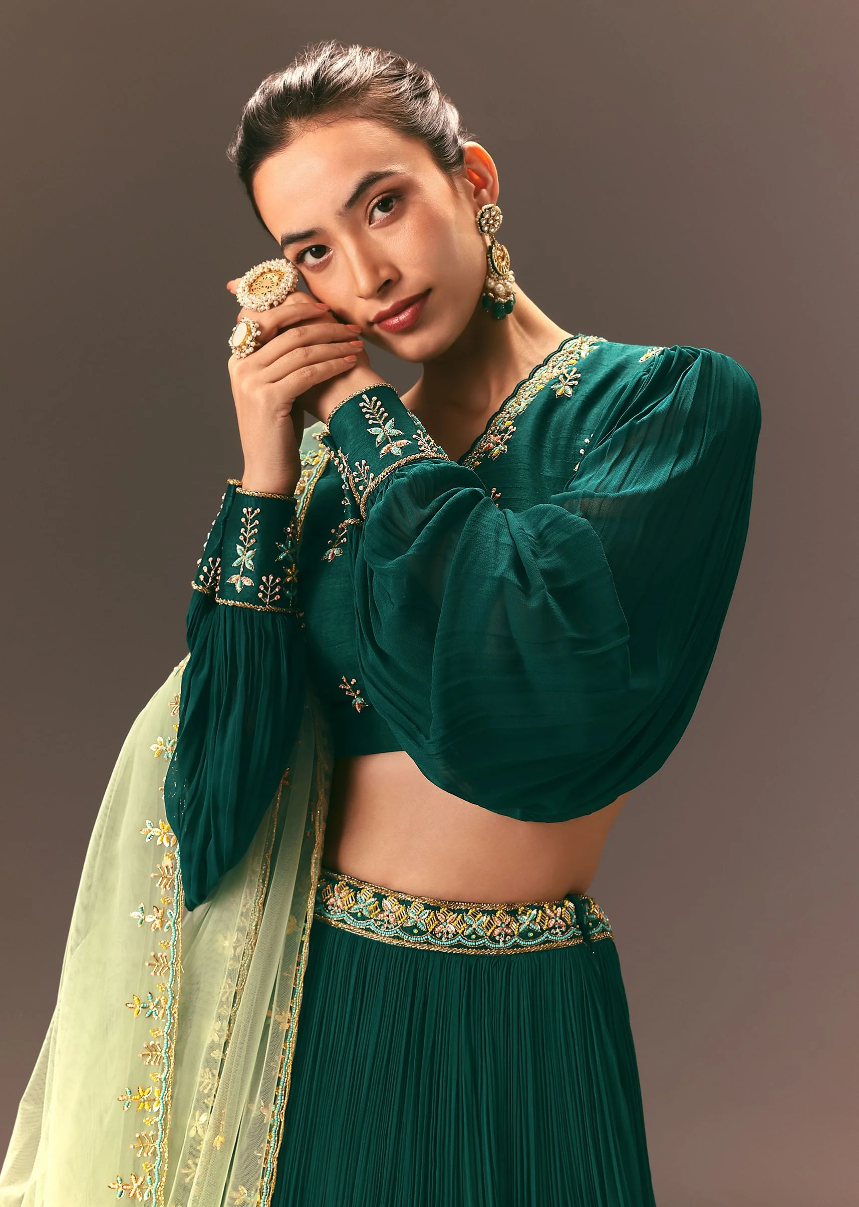 Bottle Green Embellished Ruched Lehenga Set