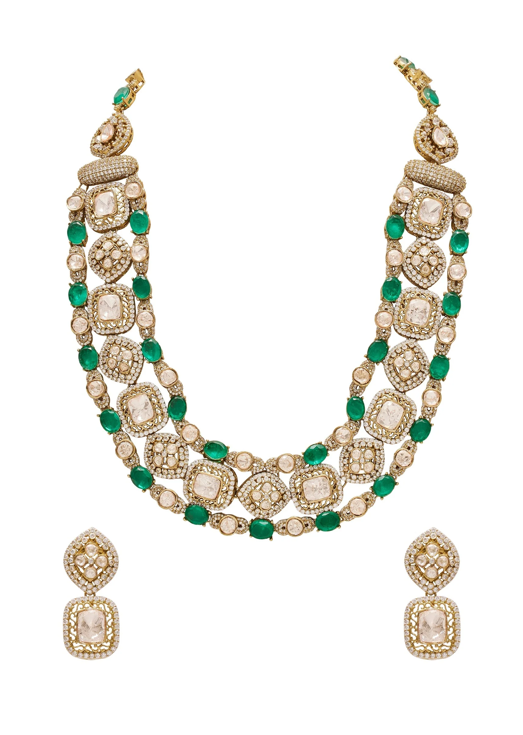 Antique Green Kundan Polki Layered Necklace Set