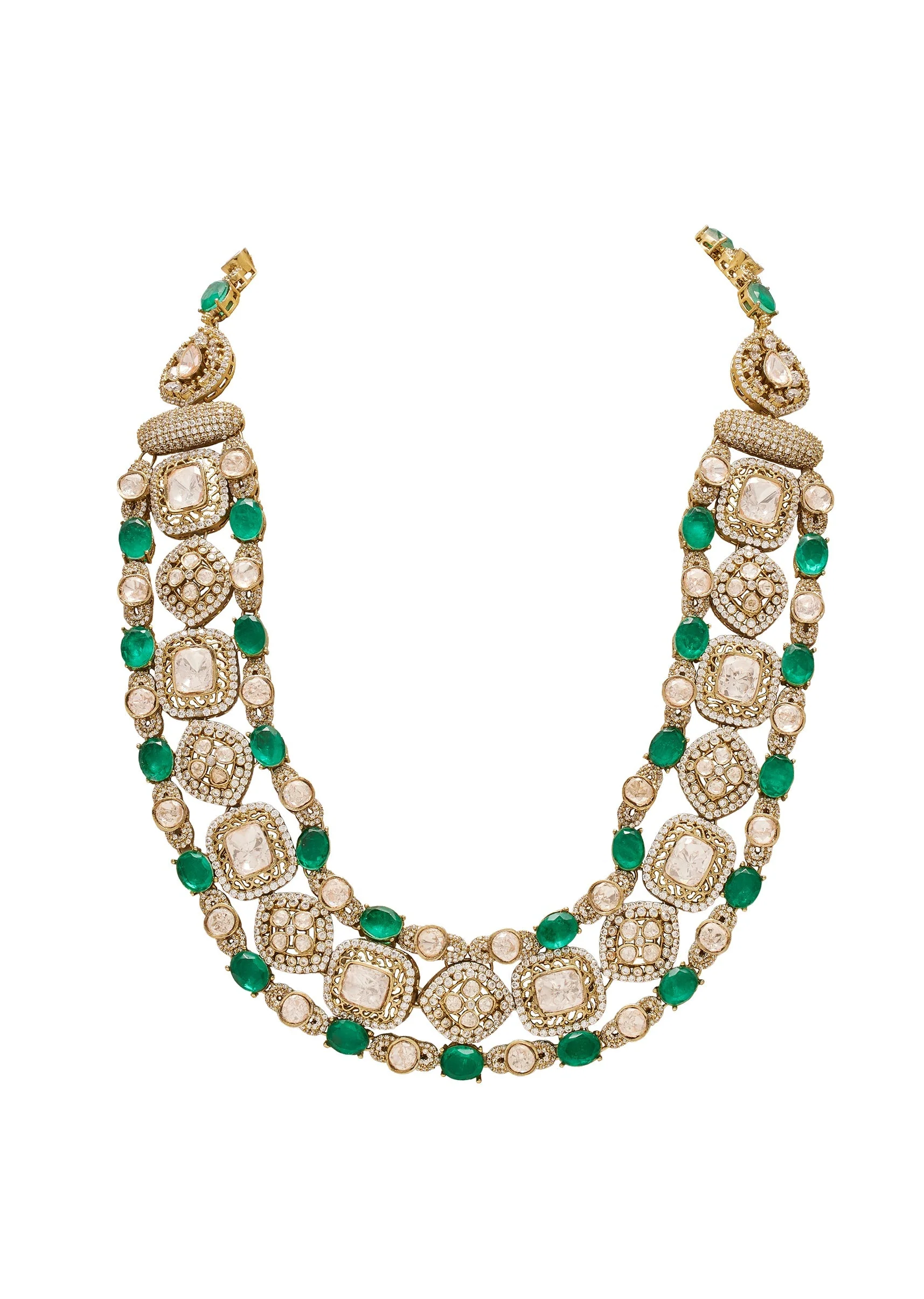 Antique Green Kundan Polki Layered Necklace Set