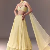 Yellow Pre-Pleated One Shoulder Blouse With Frill Lehenga And Choker Dupatta