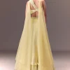 Yellow Pre-Pleated One Shoulder Blouse With Frill Lehenga And Choker Dupatta
