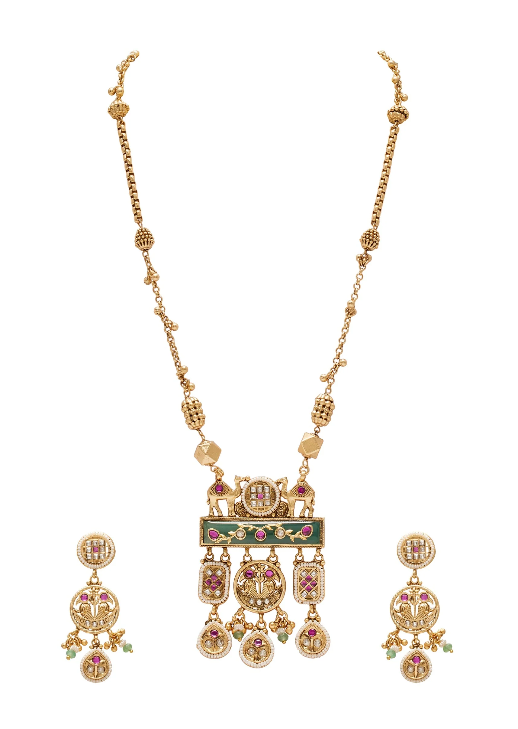 Antique Gold Toned Rajwadi Kundan Necklace Set
