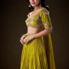 Sunshine Green Pleated Skirt With Hand Embroidered Belt And Choker Blouse