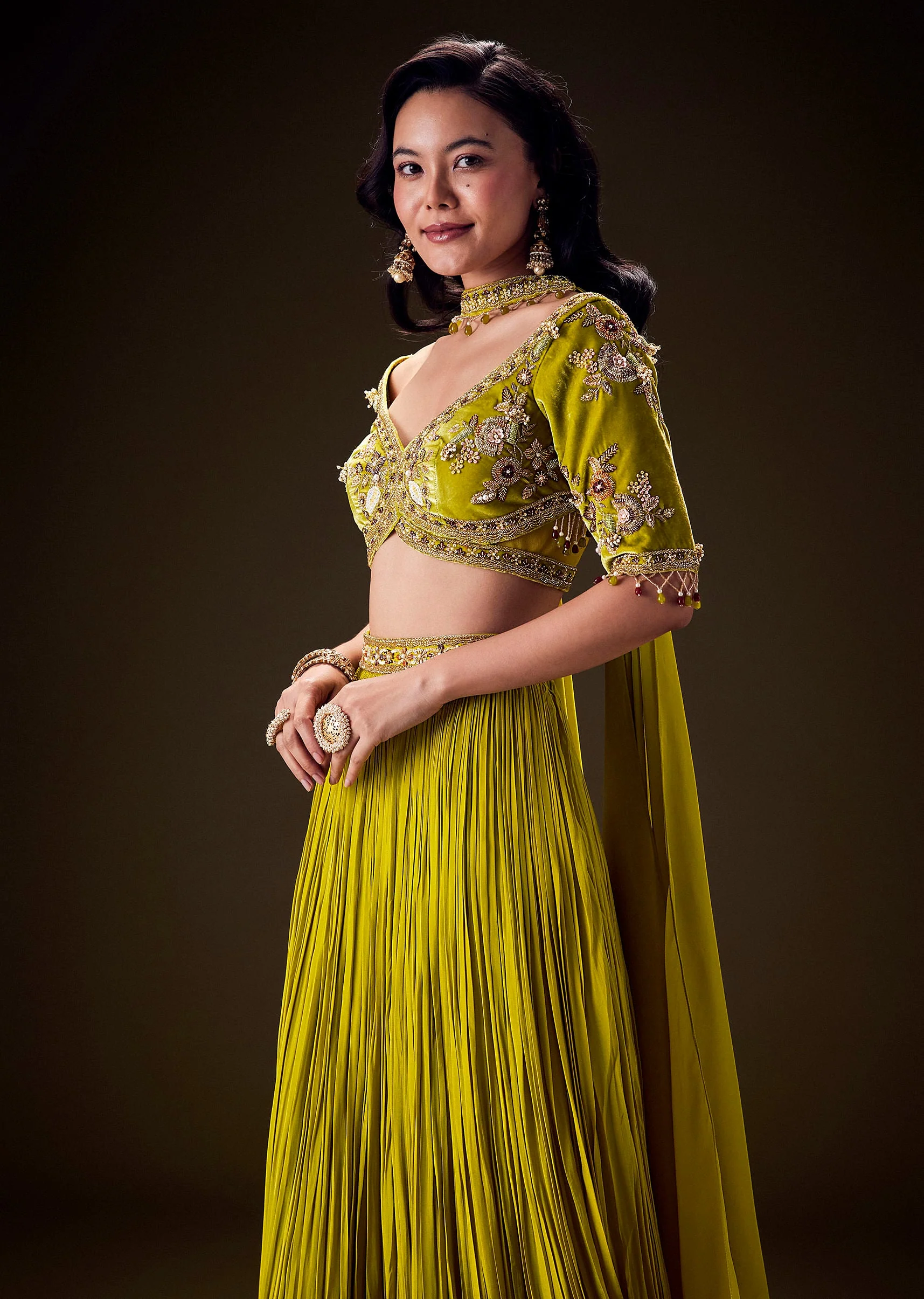 Sunshine Green Pleated Skirt With Hand Embroidered Belt And Choker Blouse