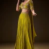 Sunshine Green Pleated Skirt With Hand Embroidered Belt And Choker Blouse