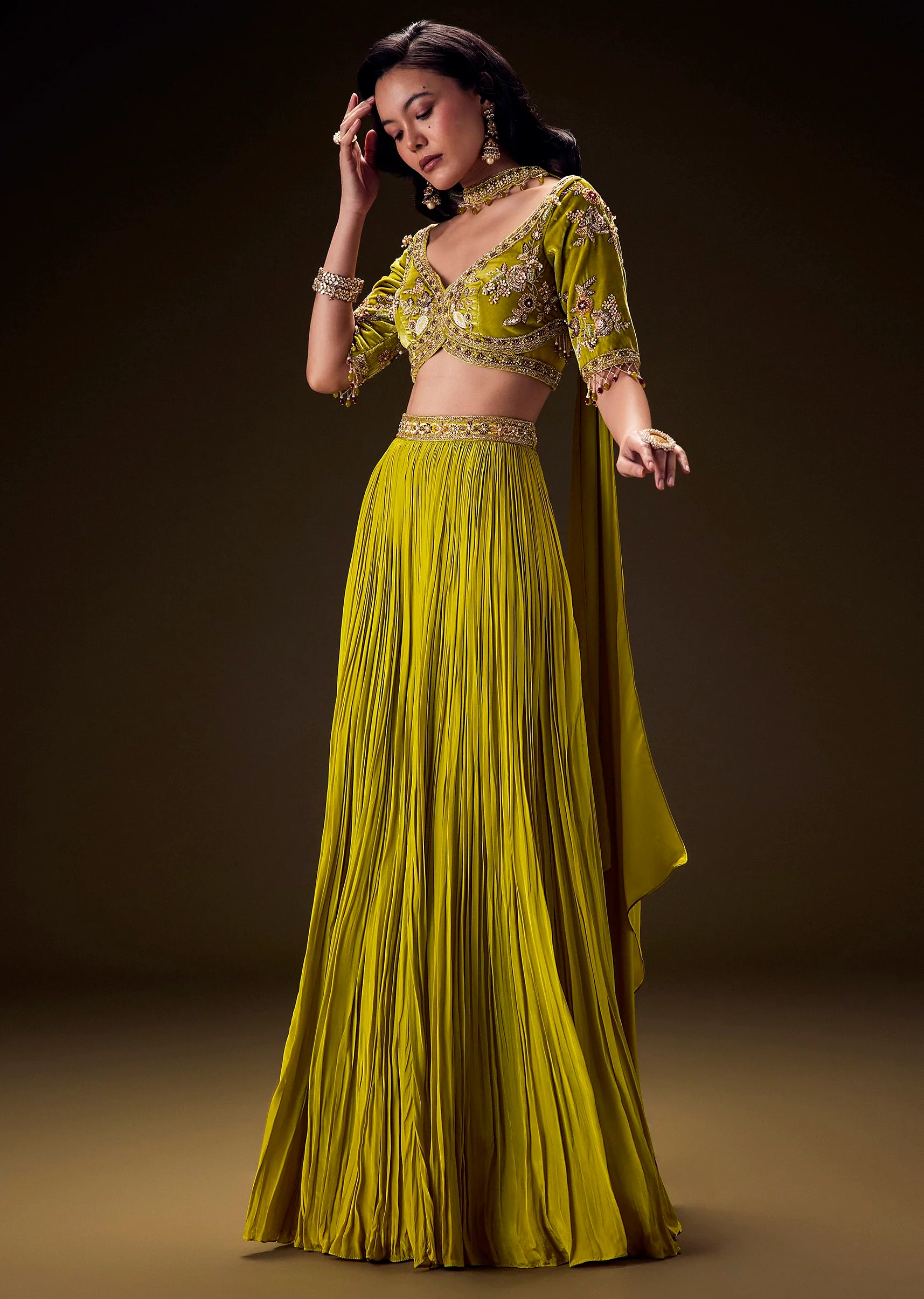 Sunshine Green Pleated Skirt With Hand Embroidered Belt And Choker Blouse