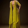 Sunshine Green Pleated Skirt With Hand Embroidered Belt And Choker Blouse
