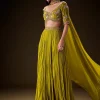 Sunshine Green Pleated Skirt With Hand Embroidered Belt And Choker Blouse