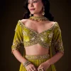 Sunshine Green Pleated Skirt With Hand Embroidered Belt And Choker Blouse