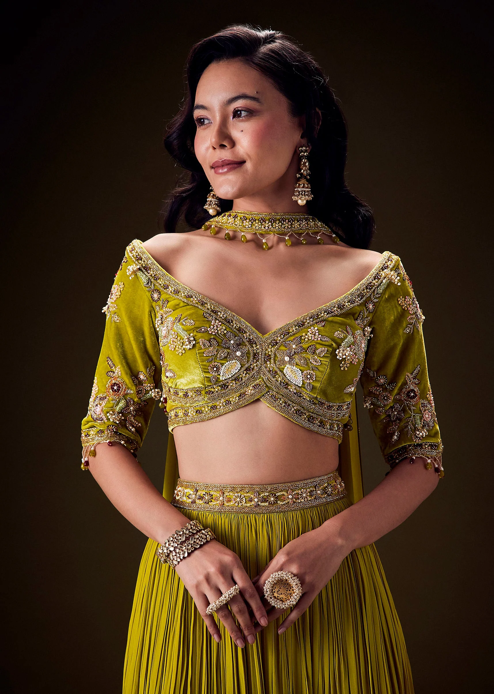 Sunshine Green Pleated Skirt With Hand Embroidered Belt And Choker Blouse