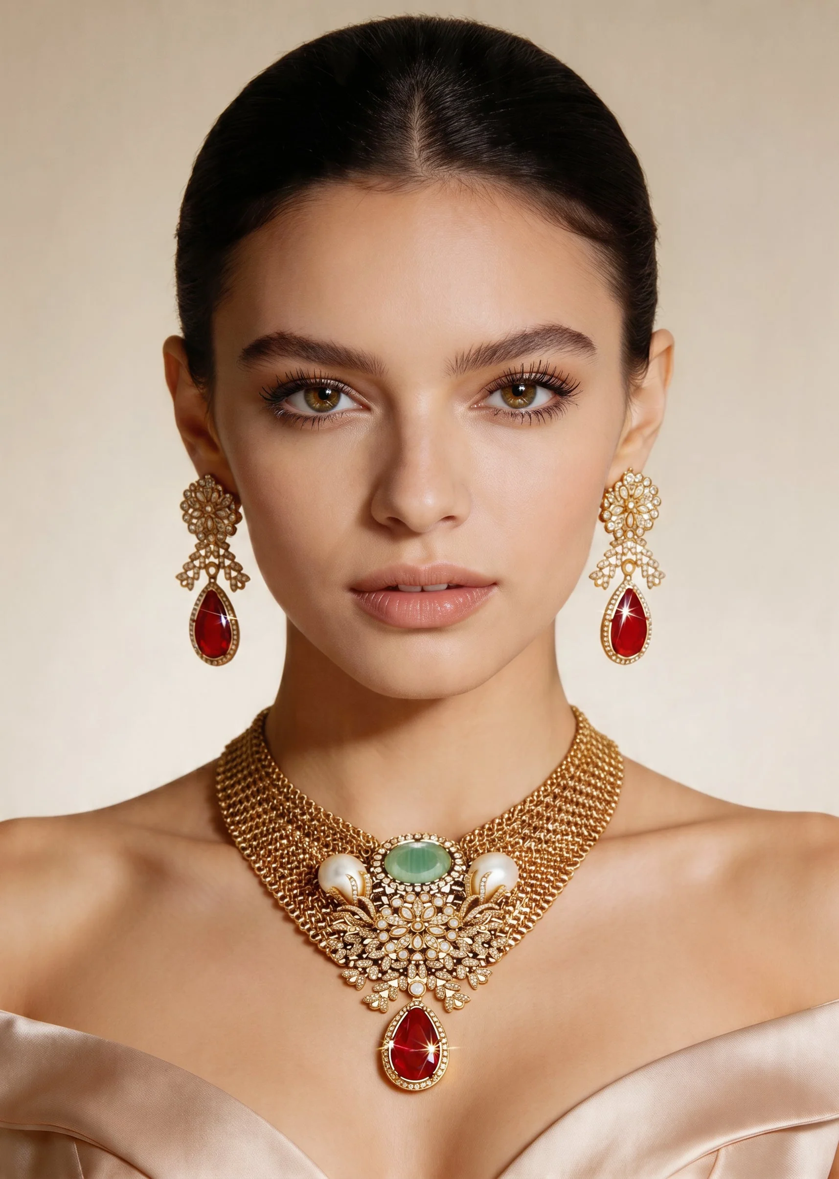 Red Layered Statement Necklace Set