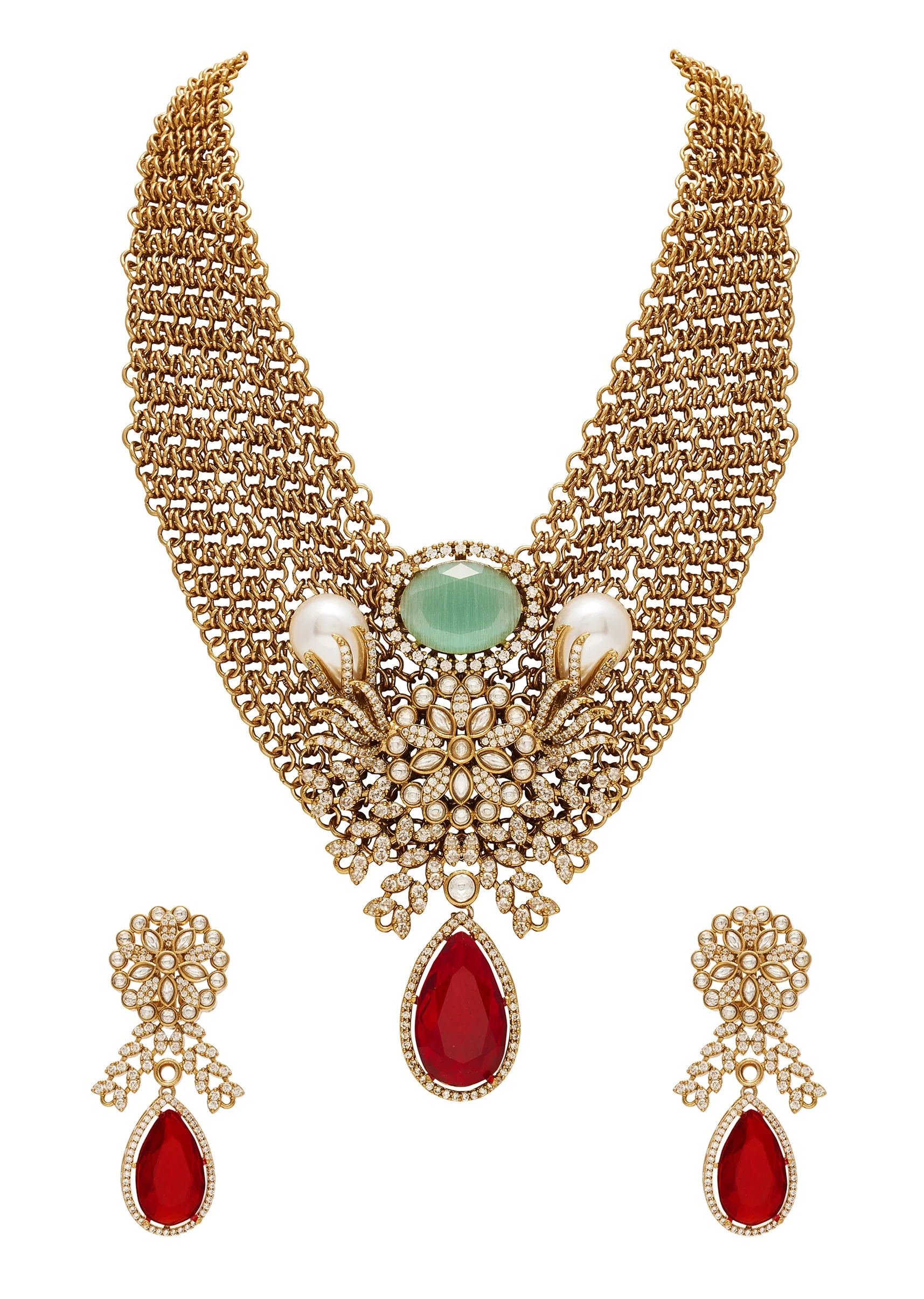 Red Layered Statement Necklace Set