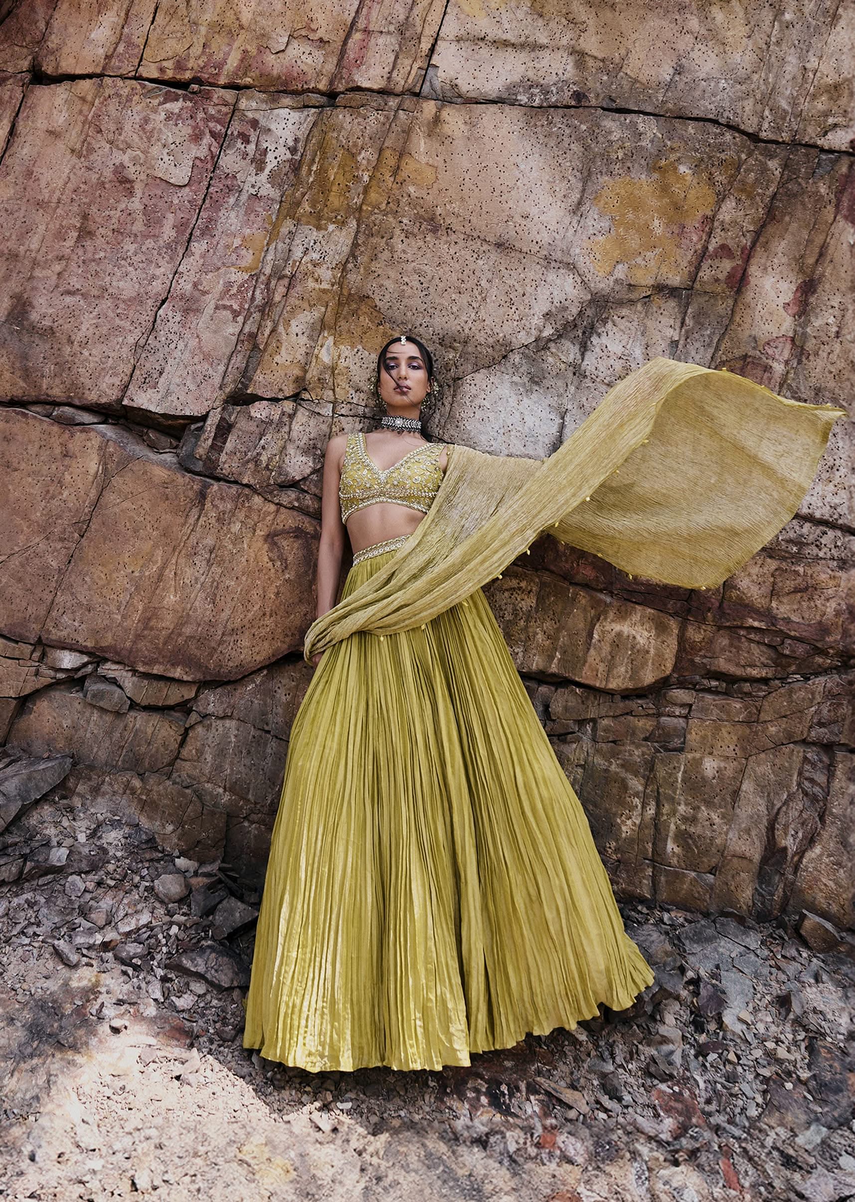 10811-citrus-green-ruched-lehenga-with-blouse-and-crush-dupatta-1.jpg Citrus Green Ruched Lehenga With Blouse And Crush Dupatta