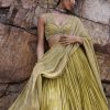 Citrus Green Ruched Lehenga With Blouse And Crush Dupatta