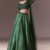 Bottle Green Organza Lehenga Set With Hand Work