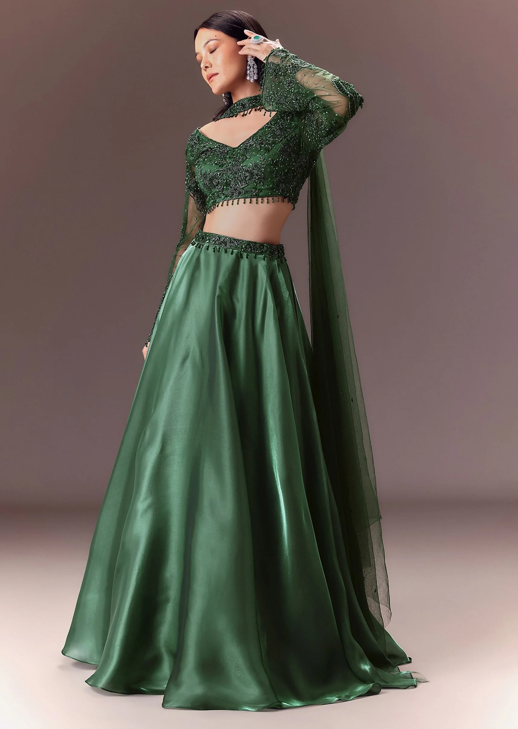 10859-bottle-green-organza-lehenga-set-with-hand-work-1.webp Bottle Green Organza Lehenga Set With Hand Work