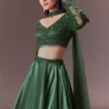 Bottle Green Organza Lehenga Set With Hand Work