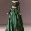 Bottle Green Organza Lehenga Set With Hand Work