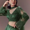 Bottle Green Organza Lehenga Set With Hand Work