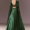 Bottle Green Organza Lehenga Set With Hand Work