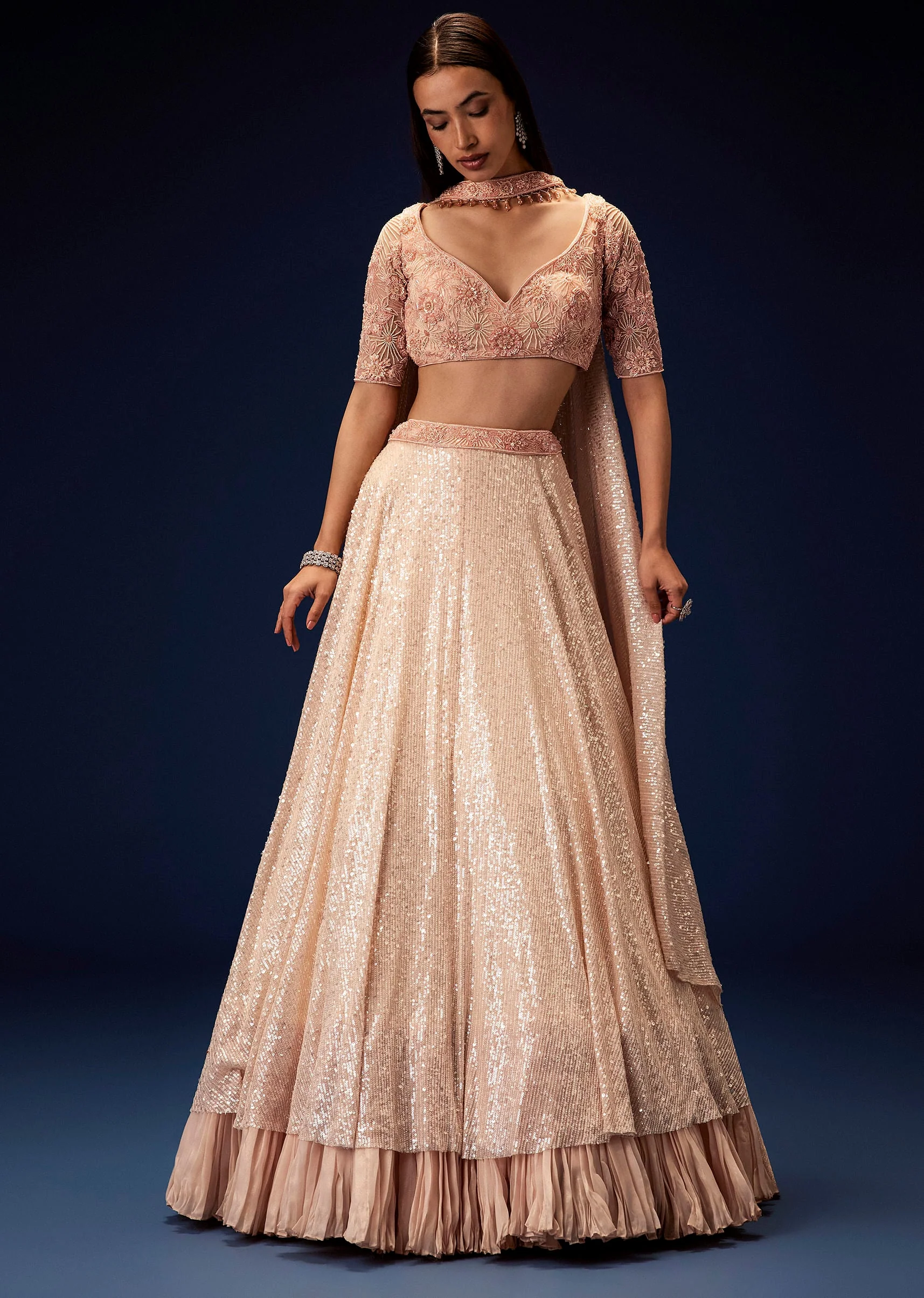 10875-salmon-peach-hand-embroidered-double-layer-sequence-lehenga-with-frill-1.webp Salmon Peach Hand Embroidered Double Layer Sequence Lehenga With Frill