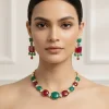 Green And Red Contemporary Choker Necklace Set With Earrings