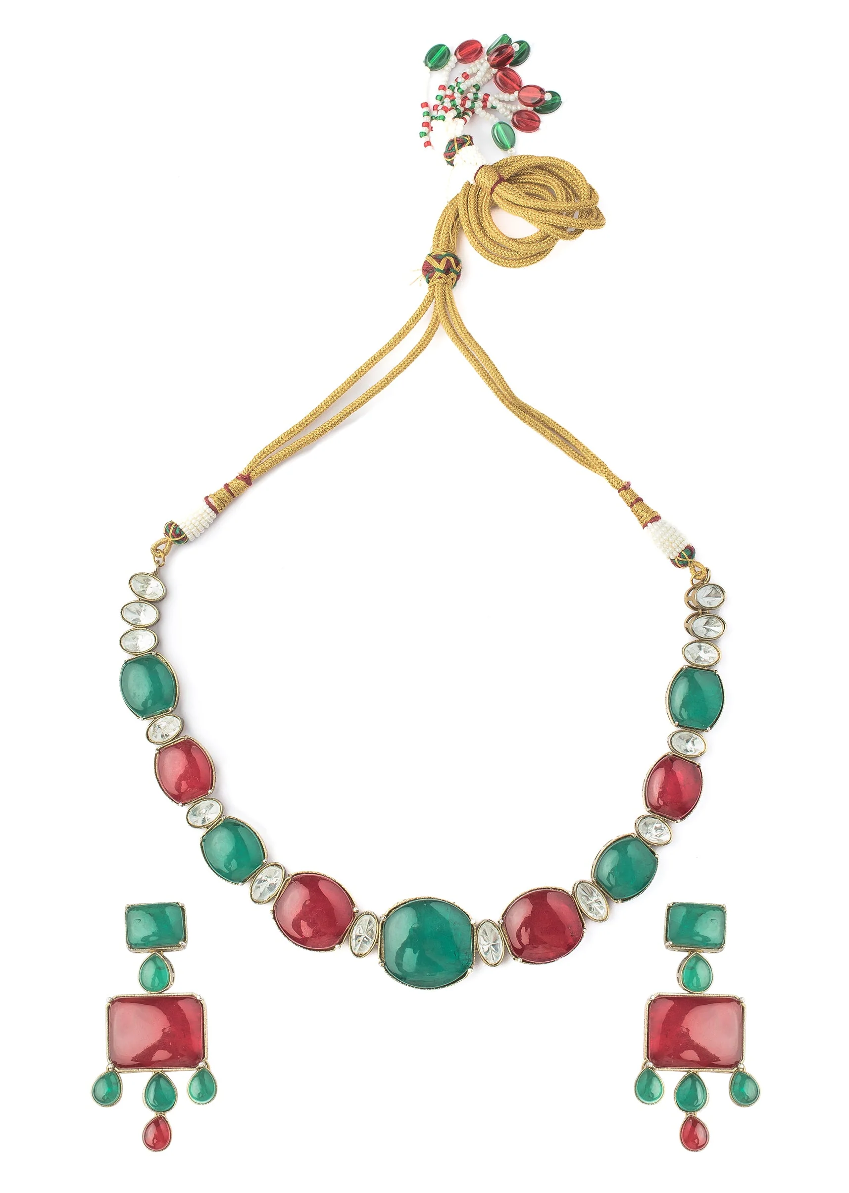 Green And Red Contemporary Choker Necklace Set With Earrings