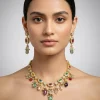 Gold Plated Multicolored Kundan Polki Long Necklace Set With Earrings