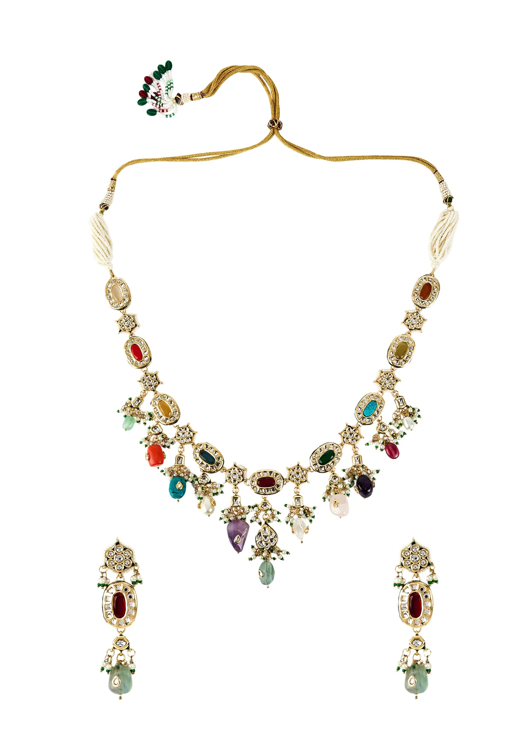 Gold Plated Multicolored Kundan Polki Long Necklace Set With Earrings