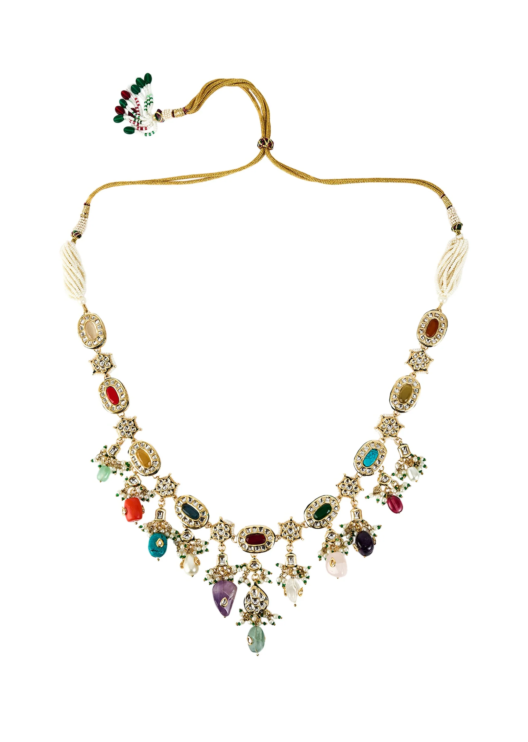 Gold Plated Multicolored Kundan Polki Long Necklace Set With Earrings