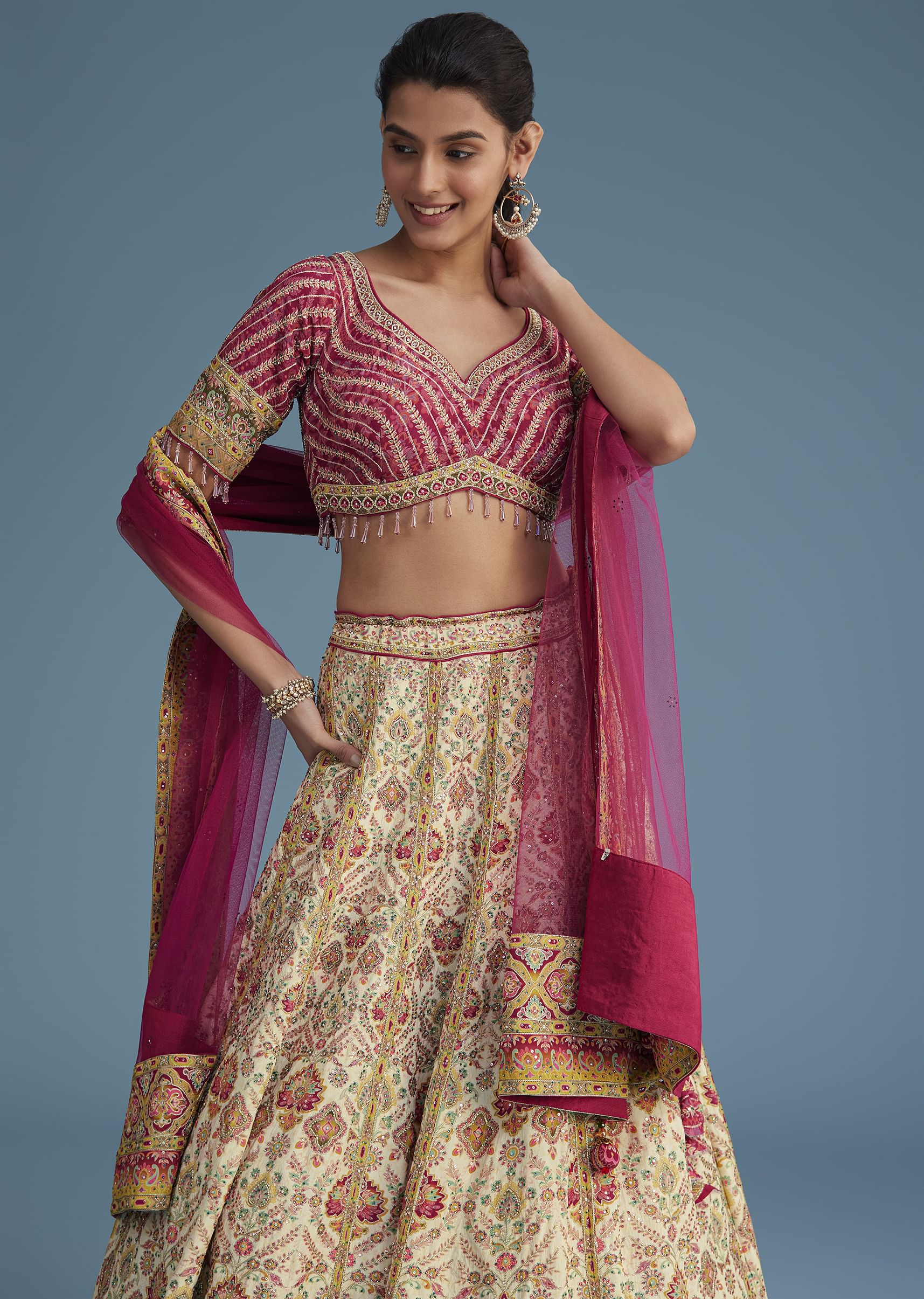 10903-white-and-pink-crepe-lehenga-set-with-sequins-and-cut-dana-work-1.jpg White And Pink Crepe Lehenga Set With Sequins And Cut Dana Work