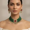 Gold Plated Green Beaded Choker Necklace Set With Earrings