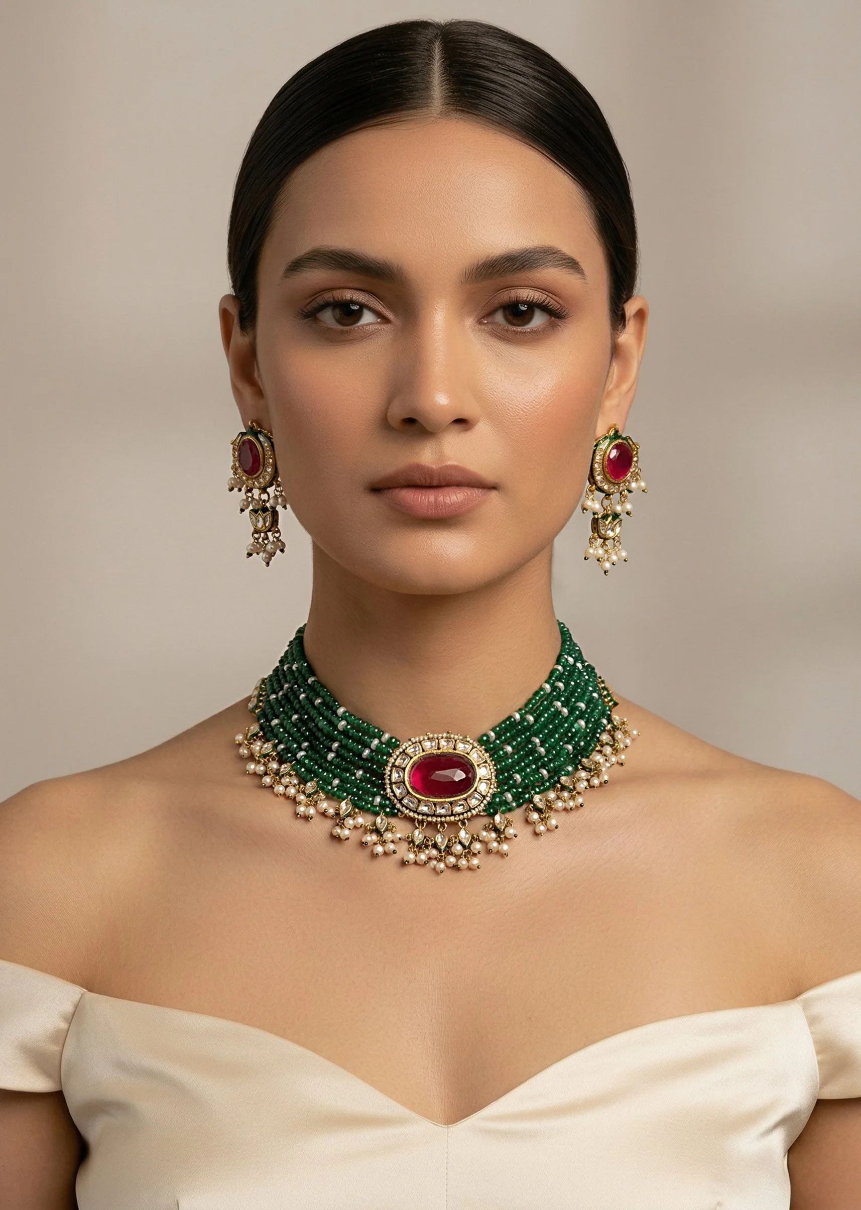 1091-gold-plated-green-beaded-choker-necklace-set-with-earrings-1.webp Gold Plated Green Beaded Choker Necklace Set With Earrings