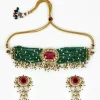 Gold Plated Green Beaded Choker Necklace Set With Earrings