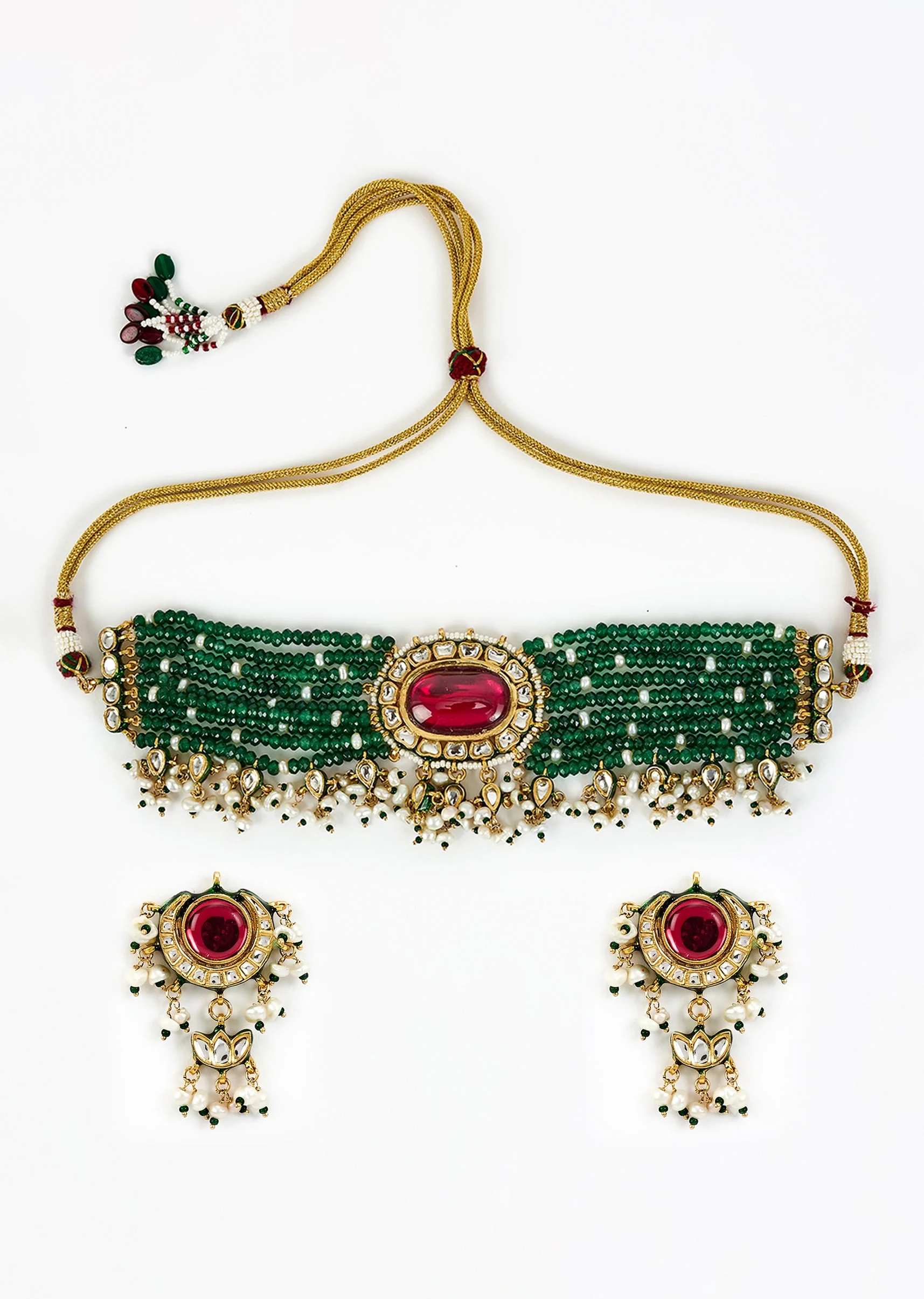 Gold Plated Green Beaded Choker Necklace Set With Earrings