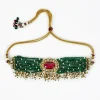 Gold Plated Green Beaded Choker Necklace Set With Earrings