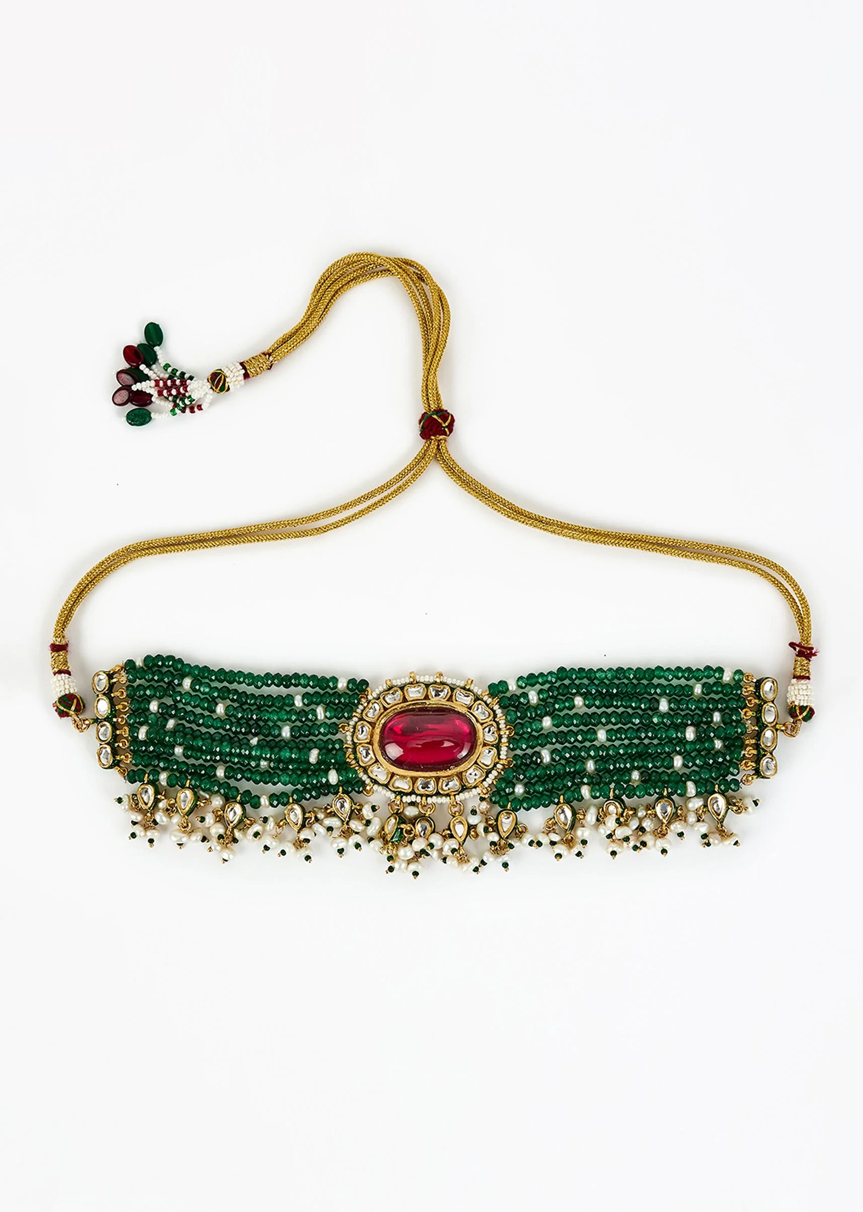 Gold Plated Green Beaded Choker Necklace Set With Earrings