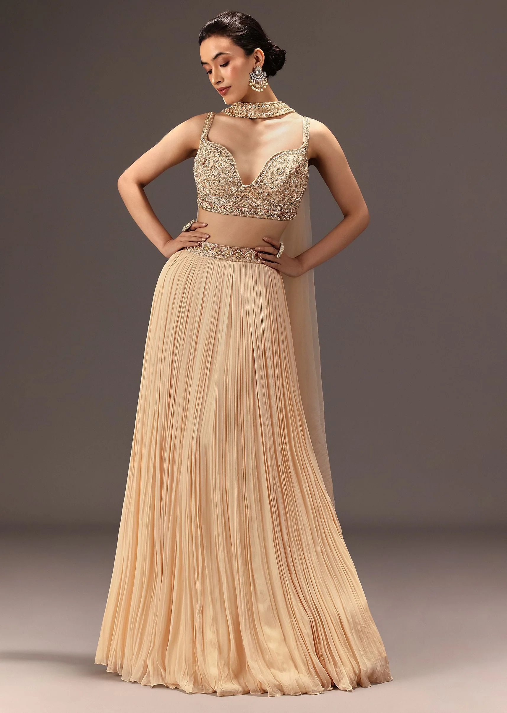 10915-cream-ruched-lehenga-set-with-hand-embroidery-1.webp Cream Ruched Lehenga Set With Hand Embroidery