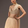 Cream Ruched Lehenga Set With Hand Embroidery