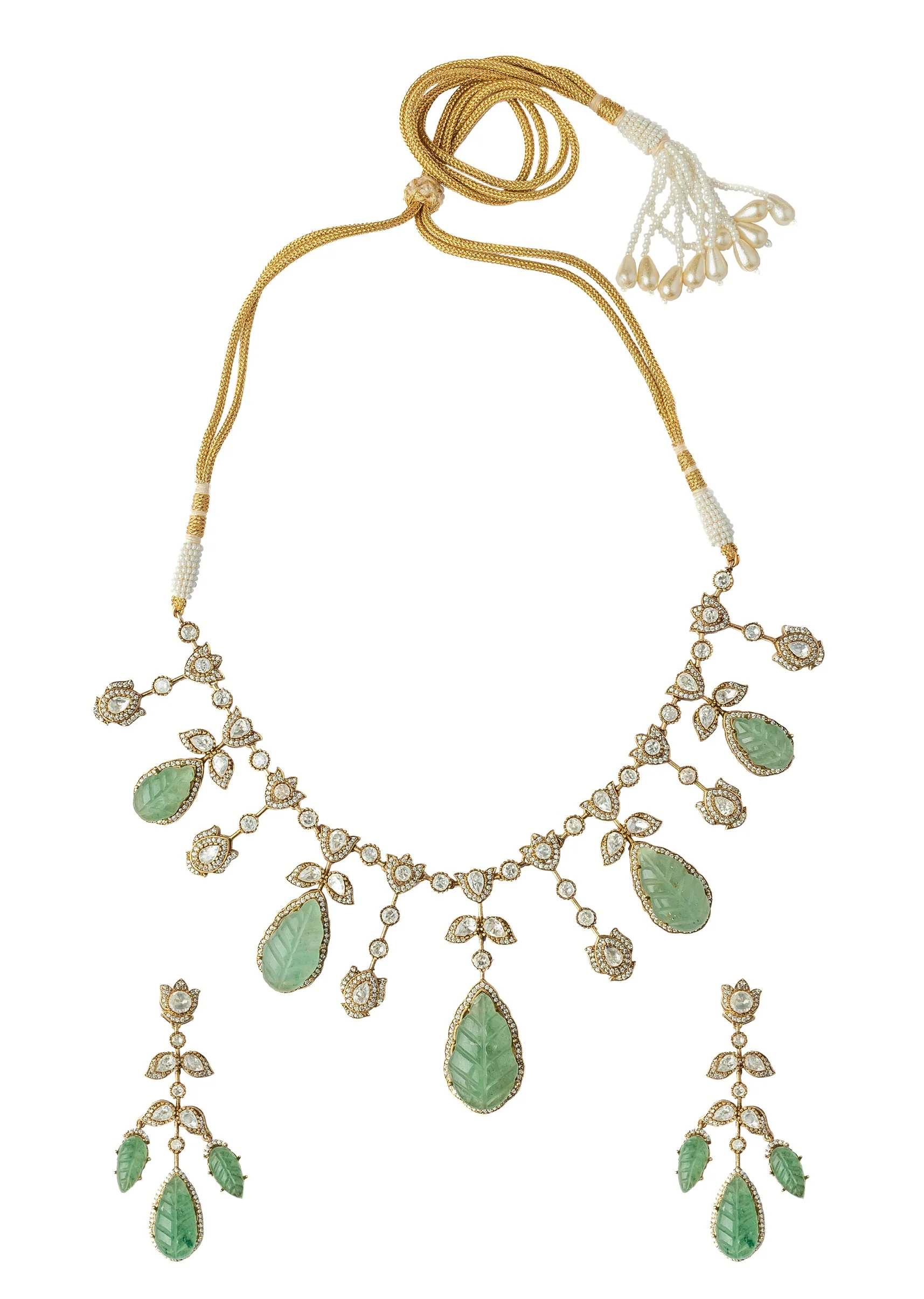 Gold Plated Green Synthetic Stone Necklace Set With Earrings