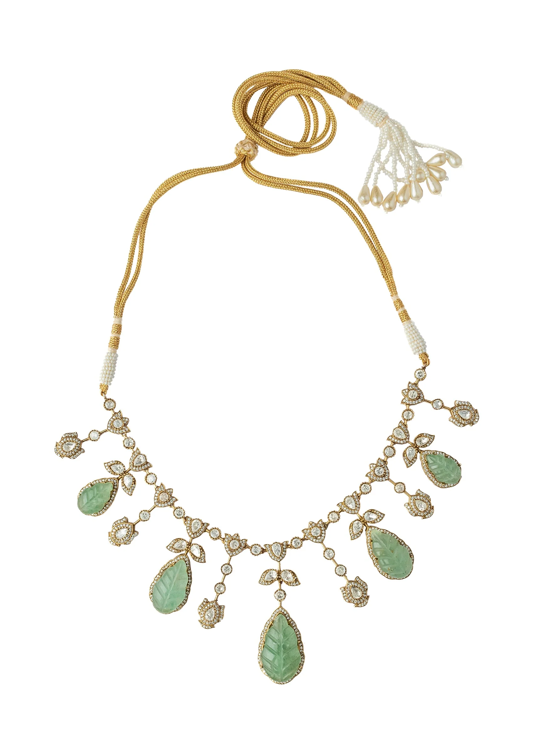 Gold Plated Green Synthetic Stone Necklace Set With Earrings