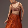 Burnt Rust Organza Hand Embellished Ruched Lehenga Set With Choker Dupatta