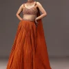 Burnt Rust Organza Hand Embellished Ruched Lehenga Set With Choker Dupatta