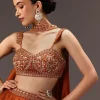 Burnt Rust Organza Hand Embellished Ruched Lehenga Set With Choker Dupatta
