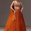 Burnt Rust Organza Hand Embellished Ruched Lehenga Set With Choker Dupatta